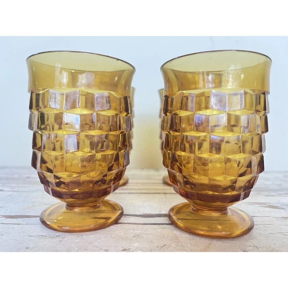 Vintage Indiana Whitehall Amber Footed Cubist 4” Tumblers Glasses (Set Of 4)